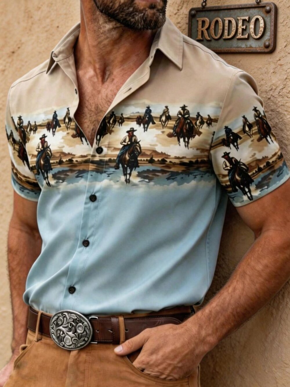 Mint Blue Casual Men's Hawaiian Loose Fit Short Sleeve Printed Polo